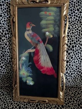 Large Original Vintage Real Feathers Bird Painting! Intricately Hand Layered!